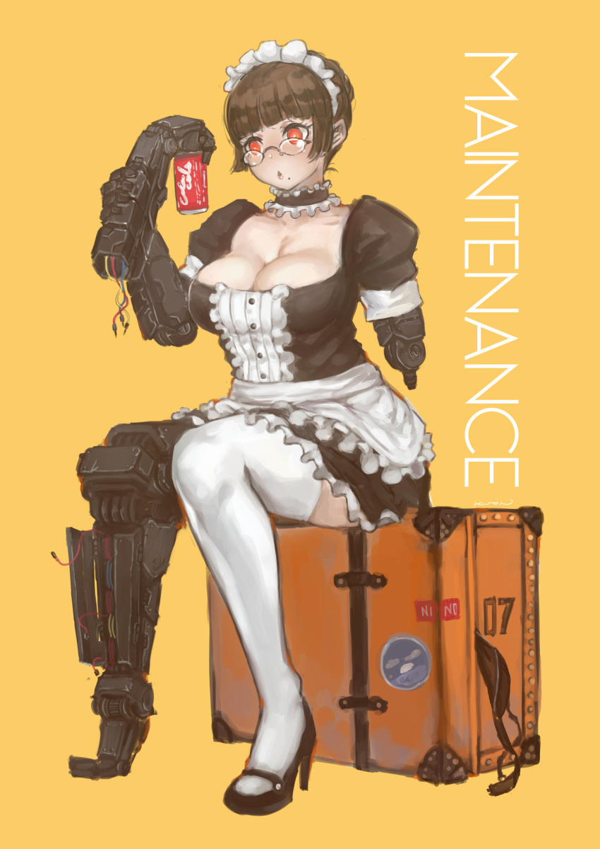 amputee apron bangs black_bra black_footwear blunt_bangs bra breasts brown_hair can choker cleavage coca-cola cyborg english formal frilled_choker frills high_heels highres knees_together_feet_apart kuon_(kwonchanji) large_breasts maid maid_headdress mechanical_arms mechanical_leg mole mole_under_mouth original puffy_sleeves red_eyes short_hair single_thighhigh sitting soda_can solo suit thighhighs triple_amputee underwear very_short_hair waist_apron white_legwear wire yellow_background