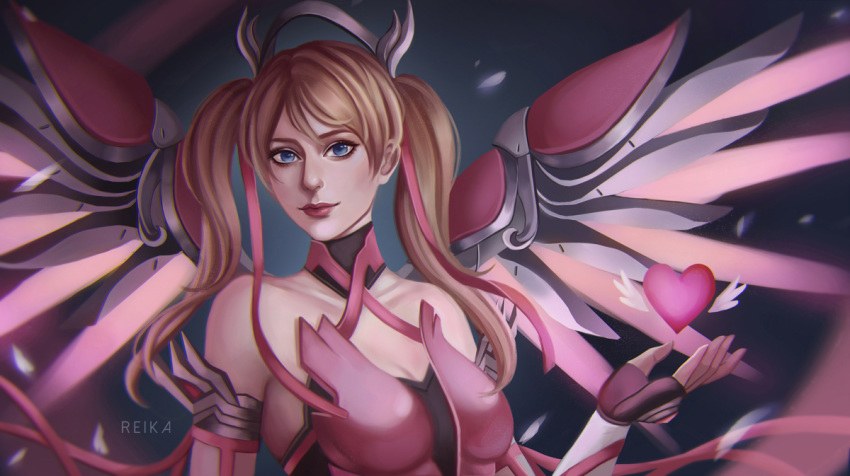 artist_name bare_shoulders blonde_hair breasts cleavage closed_mouth dress hair_between_eyes hair_ribbon heart lips lipstick looking_at_viewer makeup medium_breasts mercy_(overwatch) nose overwatch pink_dress pink_mercy pink_ribbon red_lipstick ribbon shiro-hane solo spread_wings twintails upper_body