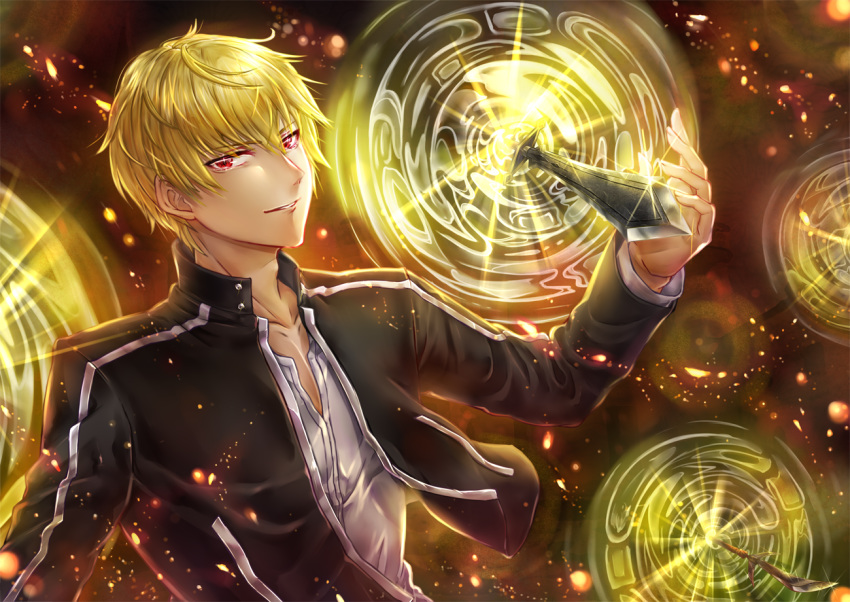1boy black_jacket blonde_hair dress_shirt fate/stay_night fate_(series) gate_of_babylon gilgamesh jacket long_sleeves looking_at_viewer male_focus open_clothes open_jacket parted_lips red_eyes shirt solo sword tamaso weapon white_shirt