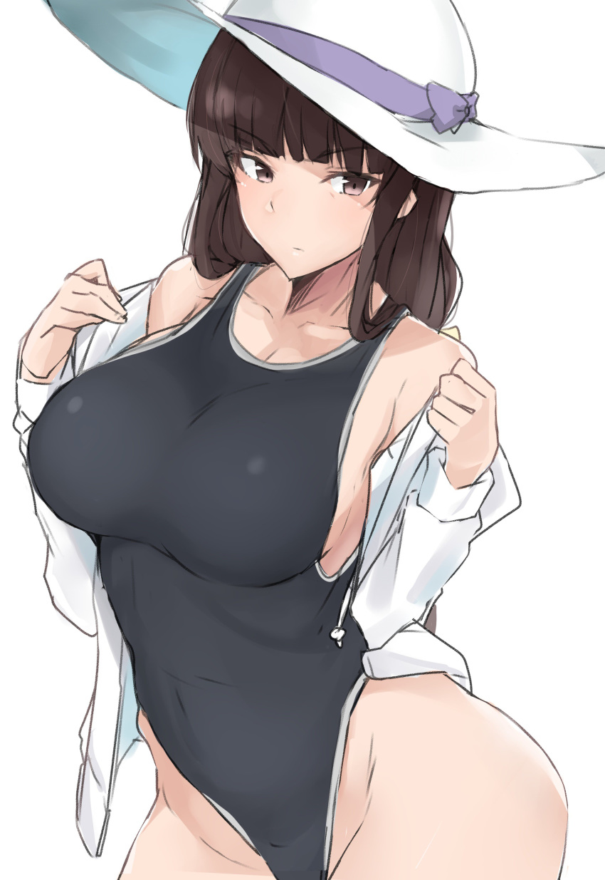 1girl absurdres bangs blunt_bangs breasts brown_eyes brown_hair cowboy_shot eyebrows_visible_through_hair girls_und_panzer hat highleg highleg_swimsuit highres large_breasts long_hair long_sleeves maruya1006 nishizumi_shiho off_shoulder one-piece_swimsuit sidelocks simple_background solo sun_hat swimsuit white_background