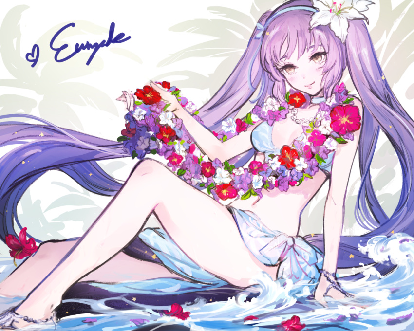 arm_at_side arm_up bikini blue_hairband blush brown_eyes character_name euryale fate/grand_order fate_(series) flower flower_necklace flower_on_liquid hair_flower hair_ornament hairband jewelry k_(sktchblg) long_hair looking_at_viewer necklace purple_flower purple_hair red_flower sarong sitting solo stomach swimsuit very_long_hair white_flower