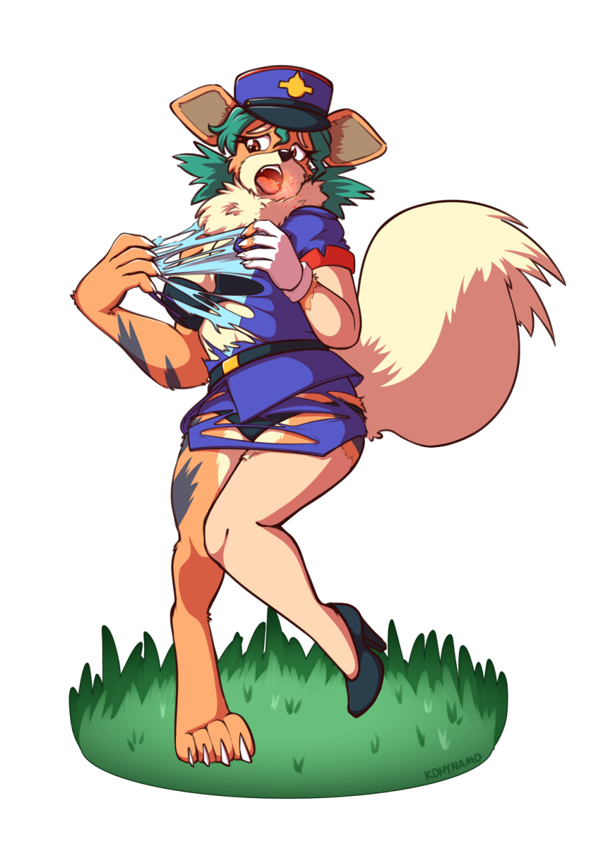 2019 alpha_channel anthro big_breasts breasts chest_tuft claws clothing female footwear grass green_hair growlithe hair hat high_heels kdhynamo nintendo nipple_outline officer_jenny on_one_leg open_mouth pok&eacute;mon pok&eacute;mon_(species) police shoes simple_background solo standing tongue tongue_out torn_clothing transformation transparent_background tuft underwear uniform video_games wide_hips