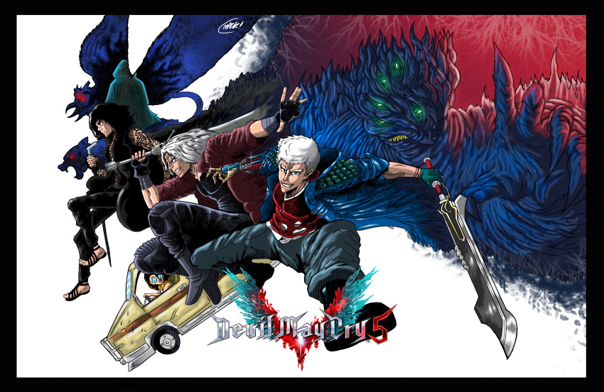 1girl 6+boys absurdres arm_tattoo belt_buckle bird black_coat black_gloves black_hair blue_eyes bracelet breasts buckle cane cleavage cloak coat dante_(devil_may_cry) demon devil_may_cry devil_may_cry_5 extra_eyes fingerless_gloves freckles frown full_body_tattoo glasses gloves grid highres jacket jewelry long_hair multiple_boys necklace nero_(devil_may_cry) nico_(devil_may_cry) panther rebellion_(sword) red_coat red_queen_(sword) sharp_teeth short_hair silver_hair smile superzillaking sword tattoo teeth urizen_(devil_may_cry) v_(devil_may_cry) vergil weapon white_hair