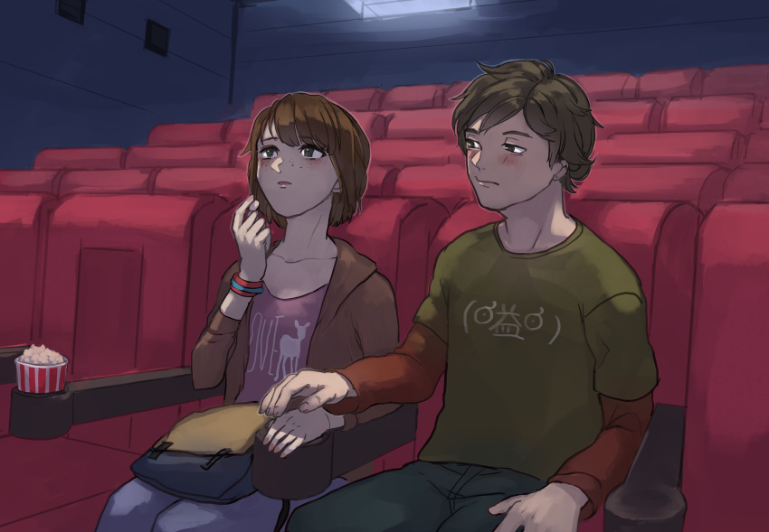 1boy 1girl bag blush brown_eyes brown_hair clothes date food freckles indoors life_is_strange looking_at_another max_caulfield movie_theater pants popcorn shirt short_hair sitting warren_graham watching