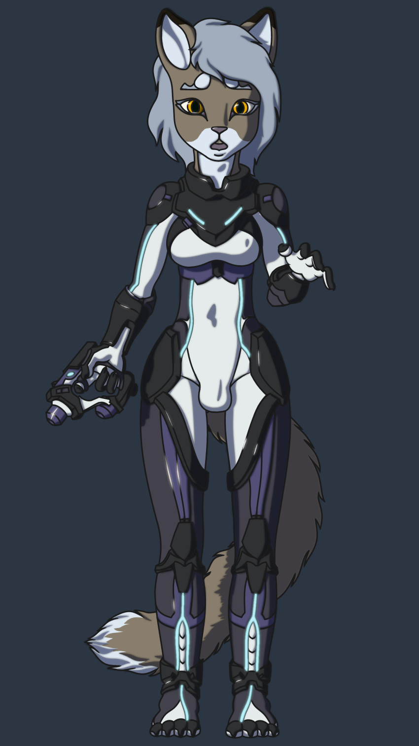 2019 anthro armor balls breasts bulge canid canine clothed clothing dickgirl digital_media_(artwork) fox fur greycore gun hair hi_res holding_object holding_weapon intersex invalid_tag looking_at_viewer mammal open_mouth ranged_weapon science_fiction simple_background solo standing suit weapon