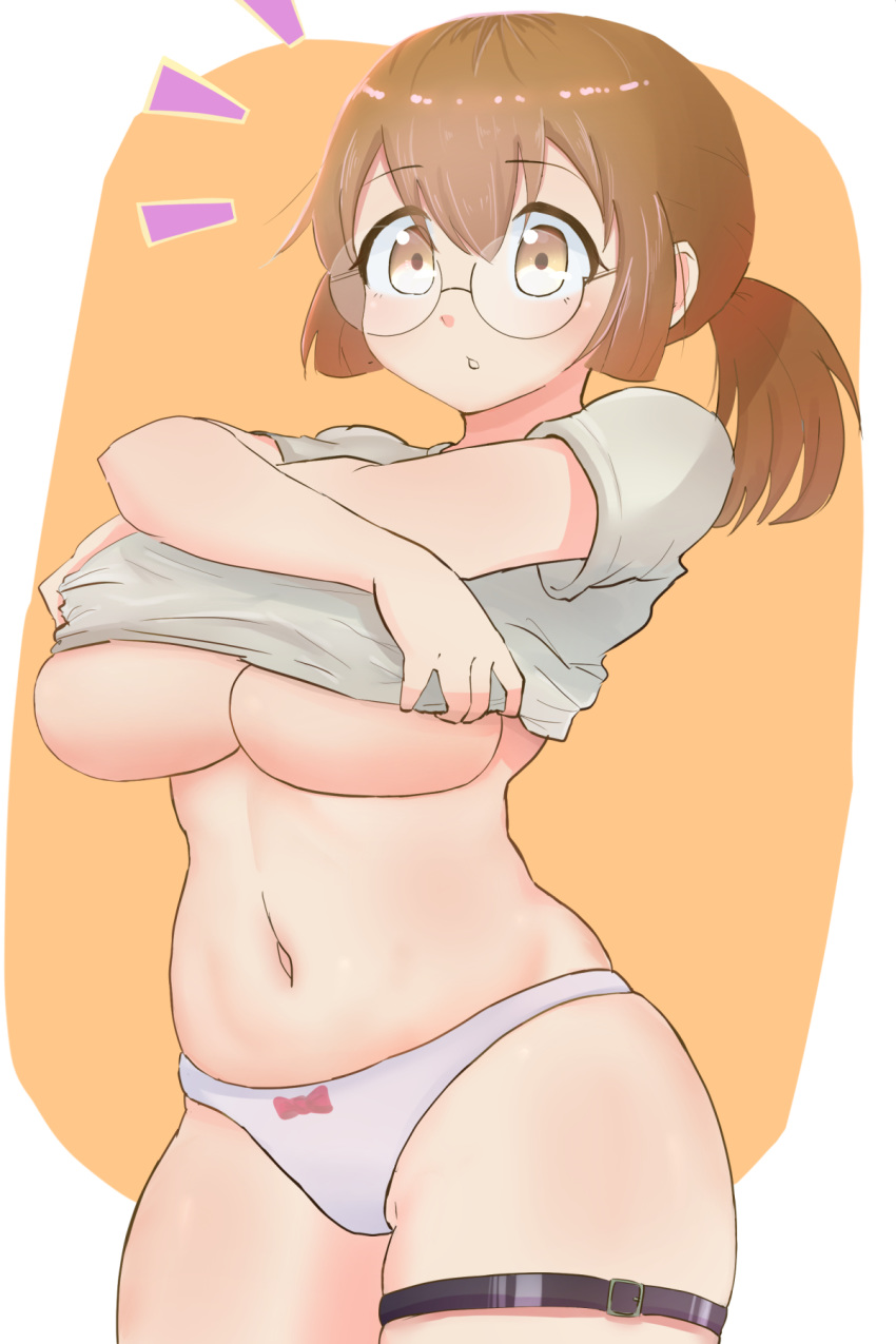 1girl artist_request bow bow_panties breasts brown_eyes brown_hair curvy fio_germi glasses highres large_breasts looking_at_viewer metal_slug navel no_bra panties ponytail shirt_lift sidelocks simple_background snk solo surprised thigh_strap underboob underwear undressing