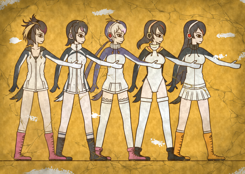 5girls arm_up black_footwear black_hair commentary_request crack drawstring egyptian_art emperor_penguin_(kemono_friends) gentoo_penguin_(kemono_friends) group_picture group_profile headphones high_collar highres hood hoodie humboldt_penguin_(kemono_friends) jacket kemono_friends kita_(7kita) leotard lineup long_hair looking_to_the_side microskirt multicolored_hair multiple_girls orange_footwear penguins_performance_project_(kemono_friends) pink_footwear ponytail profile rockhopper_penguin_(kemono_friends) royal_penguin_(kemono_friends) short_hair simple_background skirt standing streaked_hair thighhighs white_hair white_legwear white_skirt yellow_background