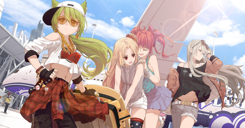 1boy 4girls ahoge aircraft airplane airport akashi_(azur_lane) animal_ears aran_sweater asymmetrical_clothes azur_lane baggy_pants bangs bare_shoulders bent black_blouse black_gloves black_panties black_pants blonde_hair blouse blue_skirt blue_sky blush bow bra bracelet breasts brown_jacket casual cat_ears chains cleveland_(azur_lane) closed_mouth clothes_around_waist cloud commentary crop_top crop_top_overhang day dishwasher1910 earrings ears_through_headwear enterprise_(azur_lane) eyebrows_visible_through_hair eyewear_on_head fang fingerless_gloves floating_hair gloves gold green_hair grey_pants grey_sweater hair_between_eyes hair_ornament hair_ribbon hair_scrunchie hand_on_hip hat highleg highleg_panties highres holding jacket jewelry large_breasts leaning_forward lens_flare long_hair long_sleeves looking_at_viewer low_ponytail luggage medium_breasts midriff multiple_girls navel necklace off-shoulder_blouse off_shoulder official_art one_side_up open_clothes open_jacket open_mouth orange_scrunchie outdoors panties pants pink_ribbon plaid plaid_sweater pleated_skirt purple_eyes red_eyes red_hair ribbon ruby_(gemstone) san_diego_(azur_lane) scrunchie shirt shoes short_shorts shorts shoulder_cutout sidelocks silver_hair single_pantsleg skindentation skirt sky sleeveless sleeveless_shirt small_breasts smile sneakers star star_print stud_earrings sunglasses sunlight sweater sweater_around_waist sweater_vest teal_shirt thighhighs tinted_eyewear tsurime twintails underwear very_long_hair watch white_bra white_crop_top white_hat white_shorts wind wristband yellow_bra yellow_eyes
