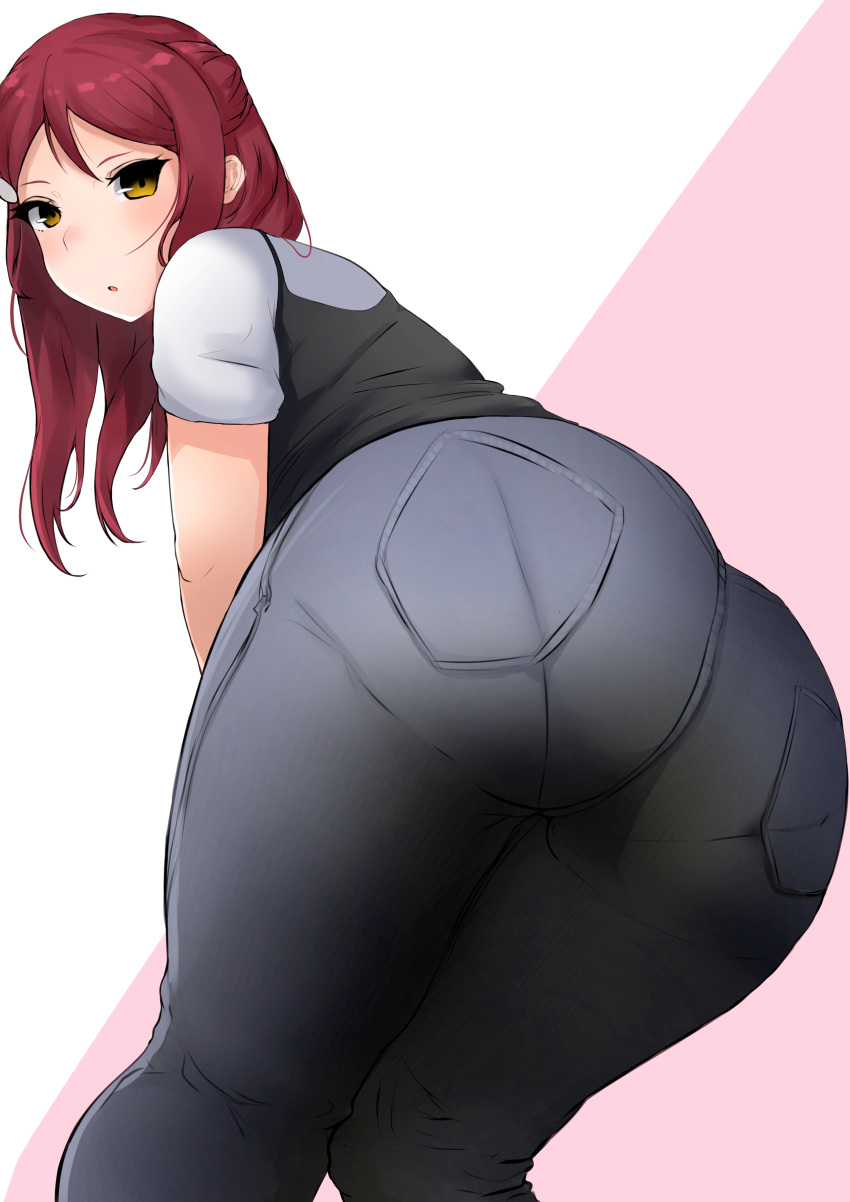 1girl artist_request ass bending_forward blush brown_eyes denim from_behind from_below hair_ornament hairclip hips huge_ass jeans long_hair looking_at_viewer love_live! love_live!_sunshine!! open_mouth pants parted_lips red_hair sakurauchi_riko shirt solo thick_thighs thighs wide_hips