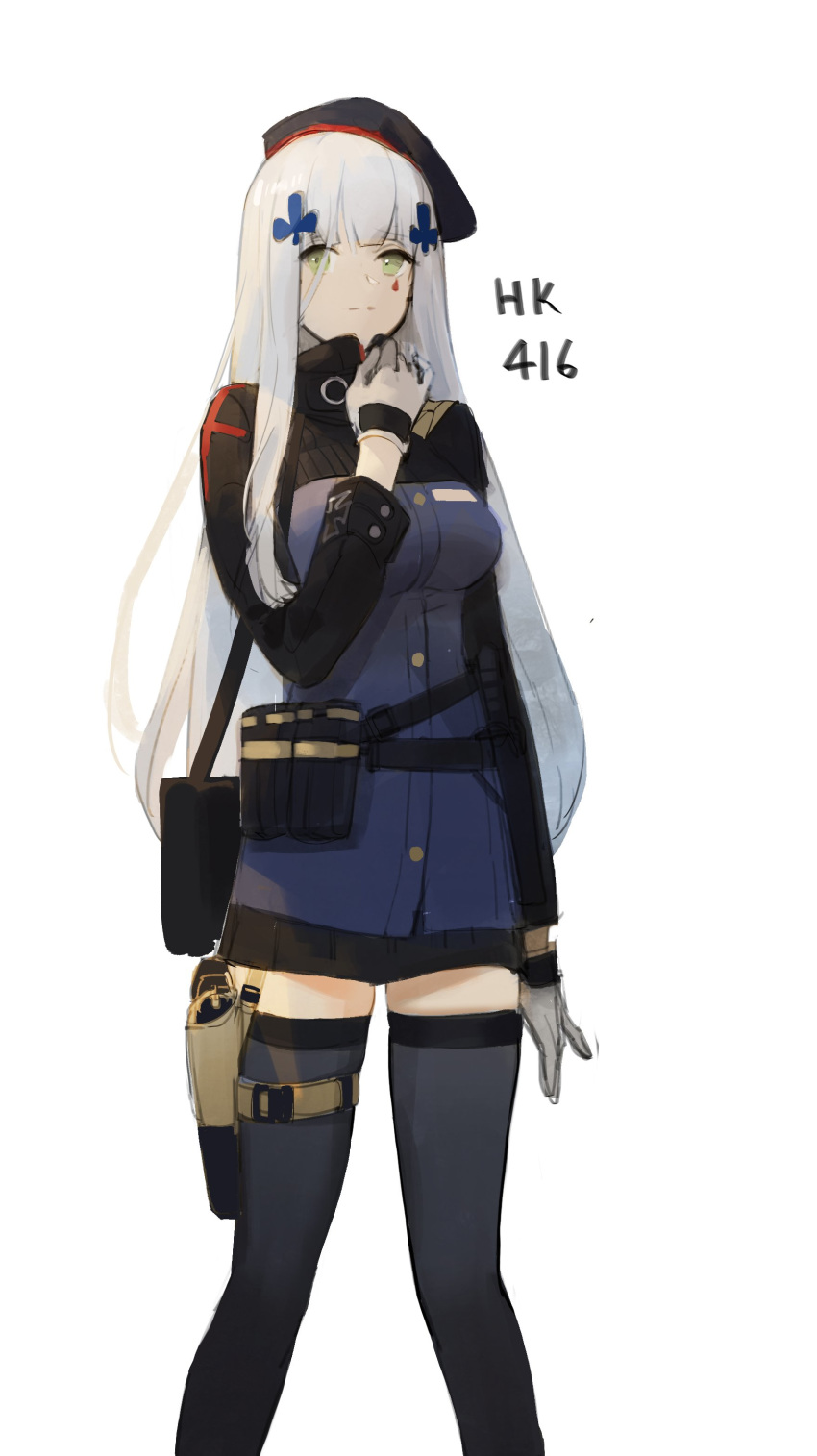 absurdres ammunition_pouch bag bangs beret black_legwear blunt_bangs breasts character_name closed_mouth dokshuri eyebrows_visible_through_hair facial_mark feet_out_of_frame girls_frontline gloves green_eyes grey_gloves gun hair_ornament hair_over_one_eye hand_on_own_chest handgun hat highres hk416_(girls_frontline) holster holstered_weapon iron_cross long_hair long_sleeves looking_at_viewer medium_breasts miniskirt pouch shoulder_bag simple_background skirt solo standing straight_hair teardrop thigh_holster thighhighs weapon white_background white_hair zettai_ryouiki