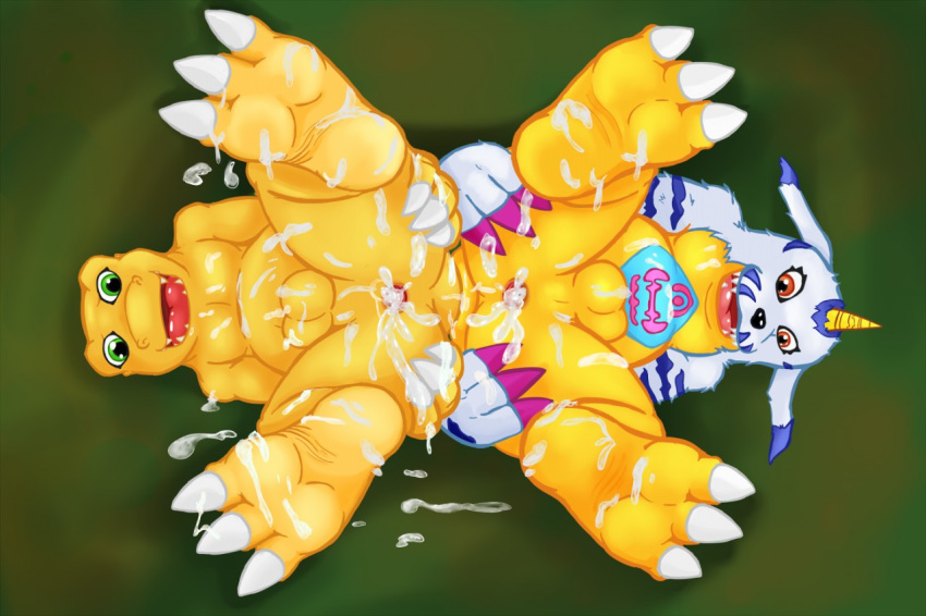 3_toes agumon anthro anus balls barefoot blush butt claws cum cum_everywhere cum_in_ass cum_inside cum_on_balls cum_on_chest cum_on_feet cum_on_ground cum_on_hand cum_on_leg digimon digimon_(species) erection excessive_cum feet foot_fetish foot_focus gabumon green_eyes looking_at_viewer male male/male messy nude open_mouth orgasm presenting reptile scalie seamaster soles toe_claws toes video_games