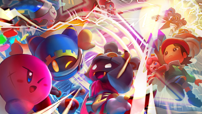 attack battle beak blue_eyes crystal energy_shield fangs flamberge_(kirby) flying francisca_(kirby) glowing glowing_eyes gun highres king_dedede kirby kirby:_star_allies kirby_(series) looking_at_another looking_up magolor marx mecha official_art one_eye_closed open_mouth ribbon_(kirby) scar smile source_request susie_(kirby) taranza teamwork weapon yellow_eyes zan_partizanne