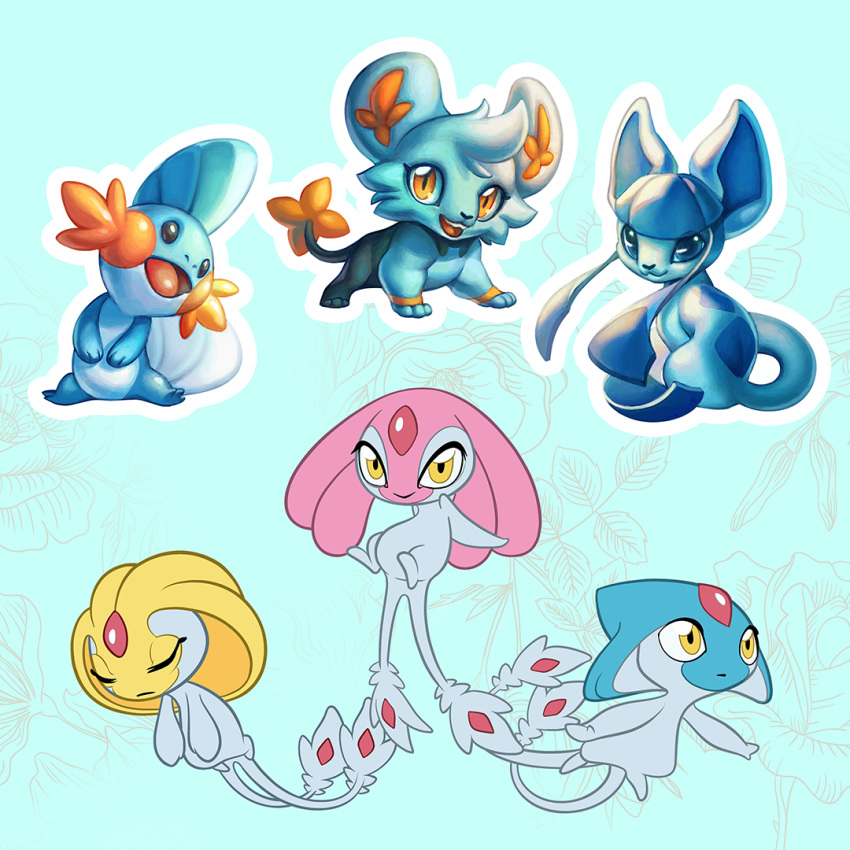 azelf black_eyes blue_background blue_eyes commentary creature creatures_(company) english_commentary eyes_closed floating full_body game_freak gen_3_pokemon gen_4_pokemon glaceon gradient gradient_background legendary_pokemon looking_at_viewer mesprit mudkip nintendo no_humans pokemon pokemon_(creature) qesque shinx standing uxie yellow_eyes