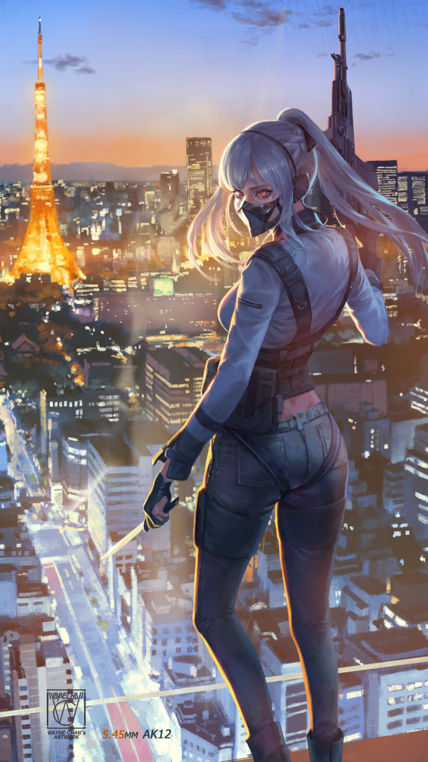 1girl ak-12 ak-12_(girls_frontline) assault_rifle bag bangs black_ribbon braid breasts character_name city city_lights cityscape cloud combat_knife covered_mouth french_braid from_behind gas_mask girls_frontline gloves glowing glowing_eyes gun hair_ribbon headset highres holding holding_gun holding_knife holding_weapon indoors jacket knife load_bearing_vest long_hair long_sleeves looking_at_viewer looking_back night pants partly_fingerless_gloves ponytail red_eyes ribbon rifle scenery sidelocks signature silver_hair solo sunset thigh_strap tokyo_tower very_long_hair wayne_chan weapon