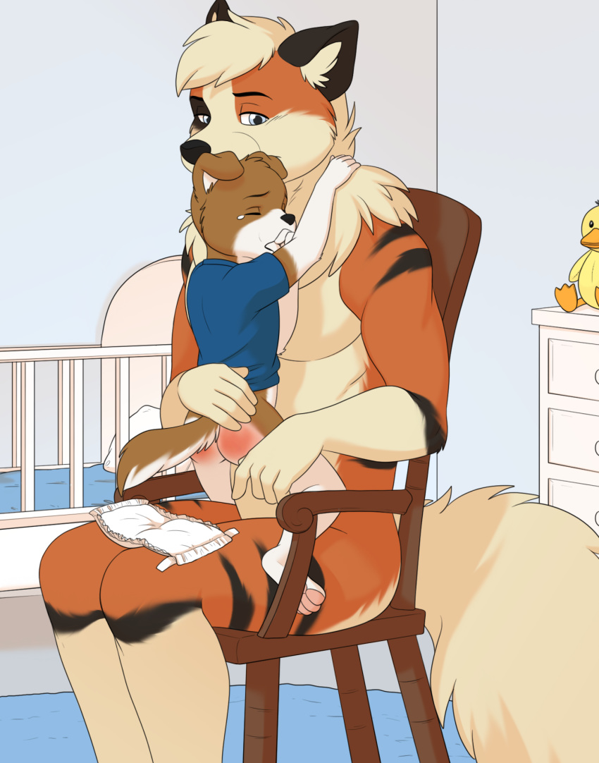 arcanine babysitter butt canid canine canis crib cub diaper domestic_dog hi_res holly_marie_ogburn infantilism male male/male mammal nintendo nursery pok&eacute;mon pok&eacute;mon_(species) spank_marks spanking tears toddler video_games young