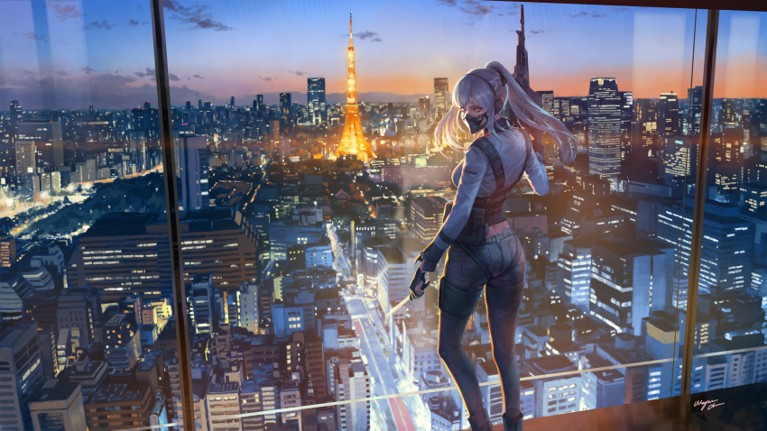 1girl ak-12 ak-12_(girls_frontline) assault_rifle bag bangs black_ribbon braid breasts city city_lights cityscape cloud combat_knife covered_mouth french_braid from_behind gas_mask girls_frontline gloves glowing glowing_eyes gun hair_ribbon headset highres holding holding_gun holding_knife holding_weapon indoors jacket knife load_bearing_vest long_hair long_sleeves looking_at_viewer looking_back night pants partly_fingerless_gloves ponytail red_eyes ribbon rifle scenery sidelocks signature silver_hair solo sunset thigh_strap tokyo_tower very_long_hair wayne_chan weapon