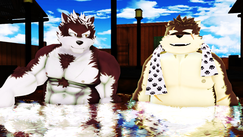 2019 3d_(artwork) abs anthro belly canid canine canis digital_media_(artwork) domestic_dog duo fur horkeukamui hot_spring male malicekira mammal moritaka multicolored_fur muscular muscular_male nipples nude open_mouth outside partially_submerged pecs public scar slightly_chubby smile tokyo_afterschool_summoners video_games water white_fur wolf
