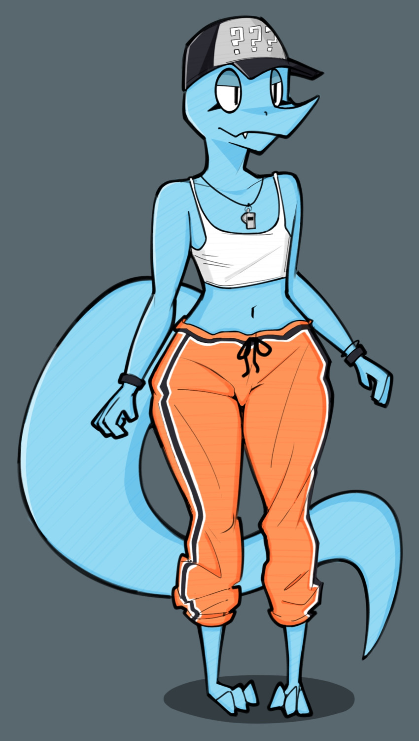 2019 3_toes aimbot-jones ambiguous_gender anthro bracelet clothed clothing crop_top eyelashes fangs front_view half-closed_eyes hat jewelry lizard midriff navel pants reptile scalie shirt solo standing sweatband sweatpants toes whistle