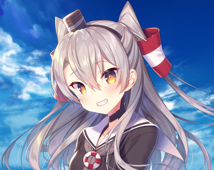 1girl amatsukaze_(kantai_collection) blue_sky brown_dress brown_eyes cloud collarbone day dress grey_neckwear grin hair_tubes hat highres kantai_collection lifebuoy long_hair looking_at_viewer mini_hat neckerchief sailor_collar sailor_dress silver_hair sky smile solo tahya tilted_headwear two_side_up upper_body white_sailor_collar windsock