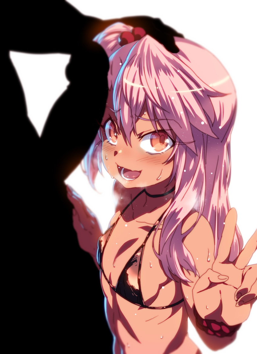 1boy 1girl bangs bare_shoulders blush breasts chloe_von_einzbern choker collarbone dark_skin erection eyelashes fate/kaleid_liner_prisma_illya fate_(series) hair_between_eyes hair_bobbles hair_ornament hand_gesture highres long_hair looking_at_viewer micro_bikini_top one_side_up orange_eyes penis petting pink_hair scrunchie simple_background small_breasts smile sweat tan tasaka_shinnosuke v white_background wrist_scrunchie