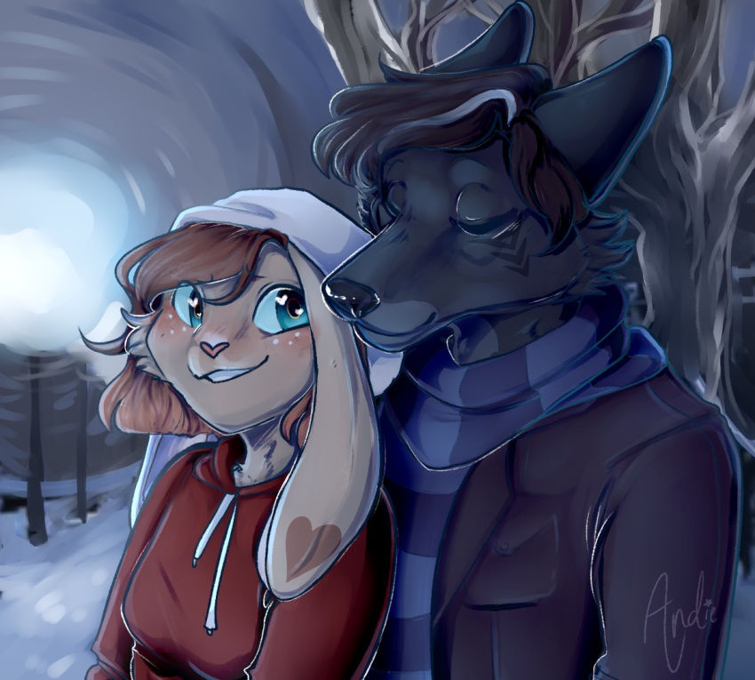 &lt;3 &lt;3_eyes andie_(quickshinestar) anthro beanie blue_eyes blush canid canine canis clothing coat duo eyes_closed female hair hat inverno lagomorph male mammal pattern quickshinestar rabbit scarf smile smirk snow source_request sweater teal_eyes tree winter wolf