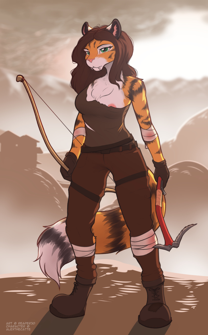 2019 alex_marx alexthecatte anthro breasts clothed clothing colored_sketch digital_media_(artwork) fangs felid feline female hair hi_res lara_croft looking_at_viewer mammal nipples pantherine reaper3d simple_background sketch smile solo stripes tiger tomb_raider
