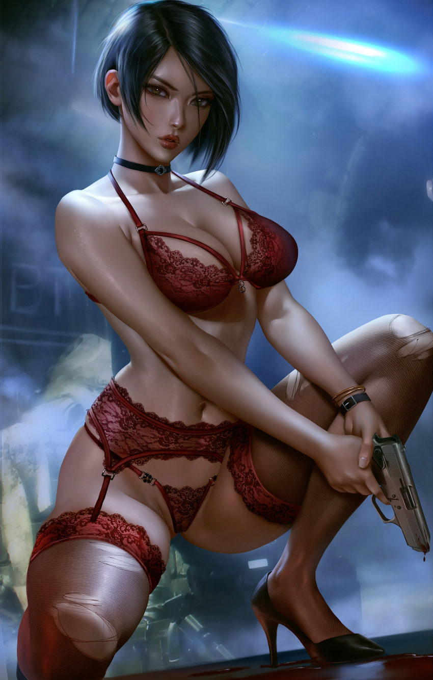 1girl absurdres ada_wong black_hair blush bra breasts brown_eyes brown_hair capcom choker cleavage garter_belt garter_straps gun high_heels highres lace lace-trimmed_thighhighs large_breasts lingerie logan_cure looking_at_viewer navel panties red_bra red_panties resident_evil resident_evil_2 short_hair solo thighhighs underwear weapon