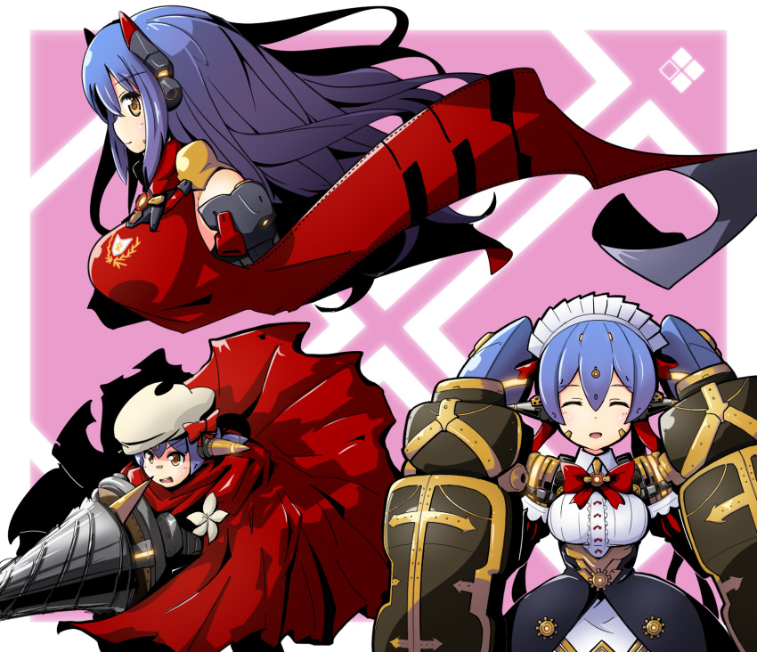 1girl android beret bow breasts cape cropped_torso drill flower fukkatsu_saisei_kaijin hana_(xenoblade) hana_jd hana_jk hat highres maid_headdress multiple_persona nintendo orange_eyes purple_hair shield smile twintails xenoblade_(series) xenoblade_2