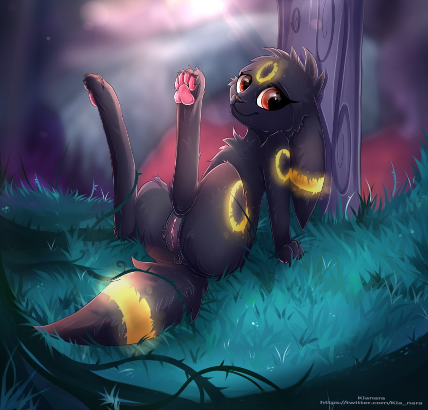 4_toes anus big_eyes bioluminescence black_fur blur_(disambiguation) butt clitoris eeveelution eyelashes female feral fluffy fluffy_tail fur glowing grass hi_res kianara looking_at_viewer markings moonlight nintendo on_grass outside pawpads pink_pawpads pok&eacute;mon pok&eacute;mon_(species) pussy red_eyes snout solo spread_legs spreading toes umbreon video_games yellow_fur yellow_markings