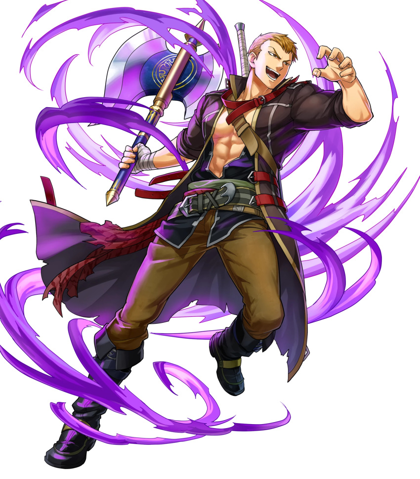 1boy abs axe bandage belt blonde_hair boots brown_eyes earrings fire_emblem fire_emblem:_rekka_no_ken fire_emblem_heroes full_body highres indesign jewelry linus_(fire_emblem) male_focus navel nintendo official_art open_clothes open_mouth open_shirt teeth torn_clothes transparent_background