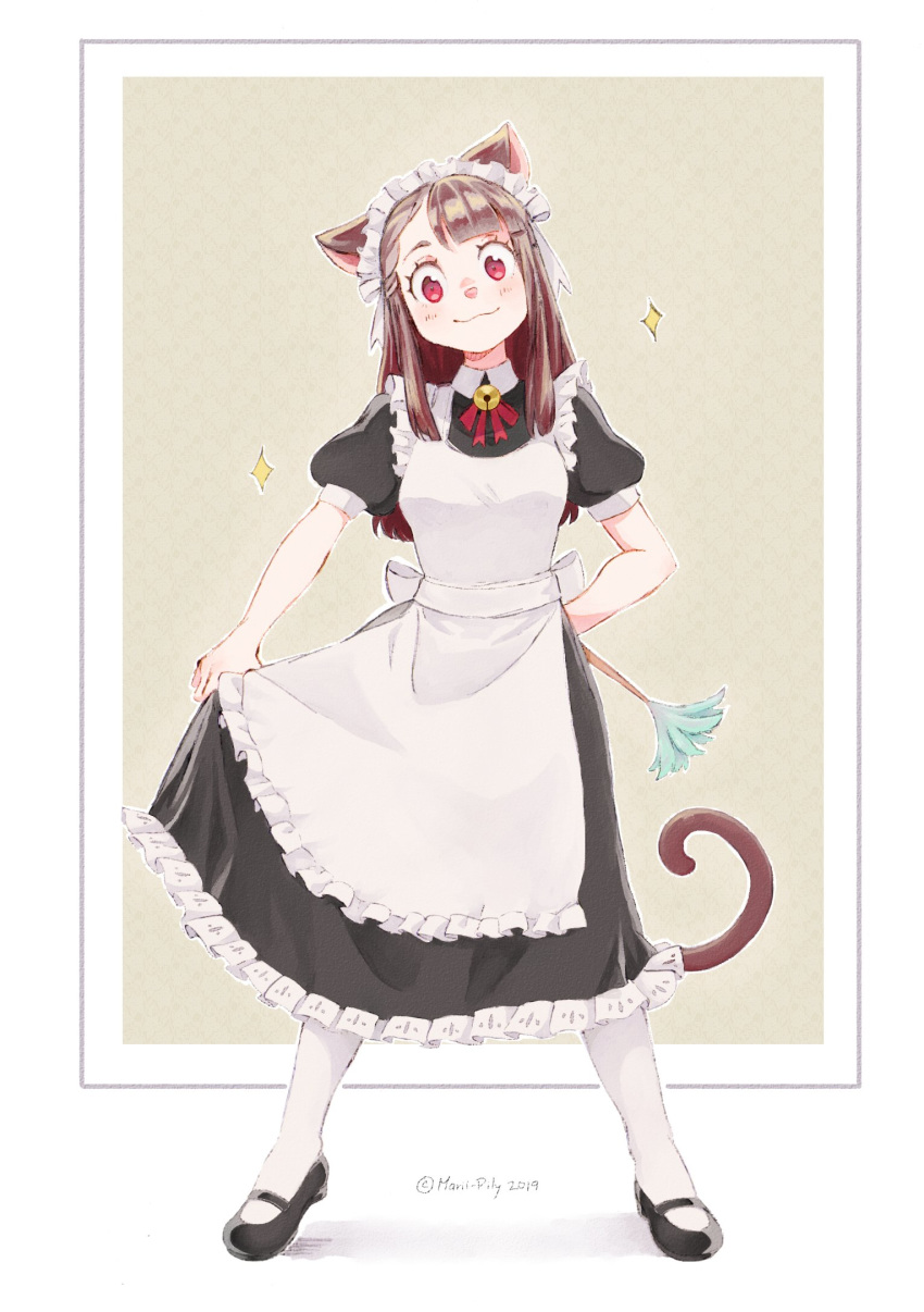 1girl 2019 :3 alternate_costume animal_ears apron arm_behind_back artist_name bangs black_dress brown_hair cat_ears cat_tail dress duster frills full_body highres kagari_atsuko little_witch_academia long_hair maid maid_apron maid_headdress marii_pily neck_bell neck_ribbon pink_eyes puffy_short_sleeves puffy_sleeves red_ribbon ribbon shoes short_sleeves standing tail white_legwear