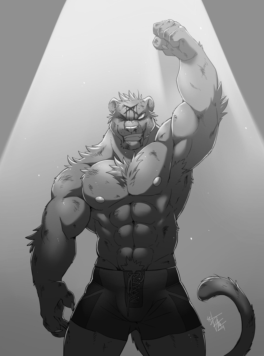 2019 abs anthro biceps big_muscles blood chest_tuft clothed clothing felid fur hi_res male mammal muscular muscular_male pantherine pecs ray_(takemoto_arashi) scar shorts simple_background smile solo takemoto_arashi topless tuft