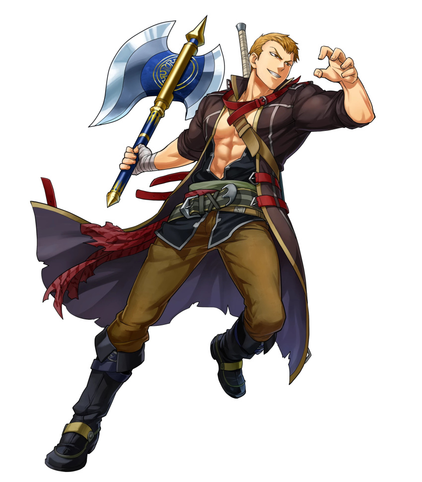 1boy abs axe bandage belt blonde_hair boots brown_eyes earrings fire_emblem fire_emblem:_rekka_no_ken fire_emblem_heroes full_body highres indesign jewelry linus_(fire_emblem) male_focus navel nintendo official_art open_clothes open_shirt teeth transparent_background