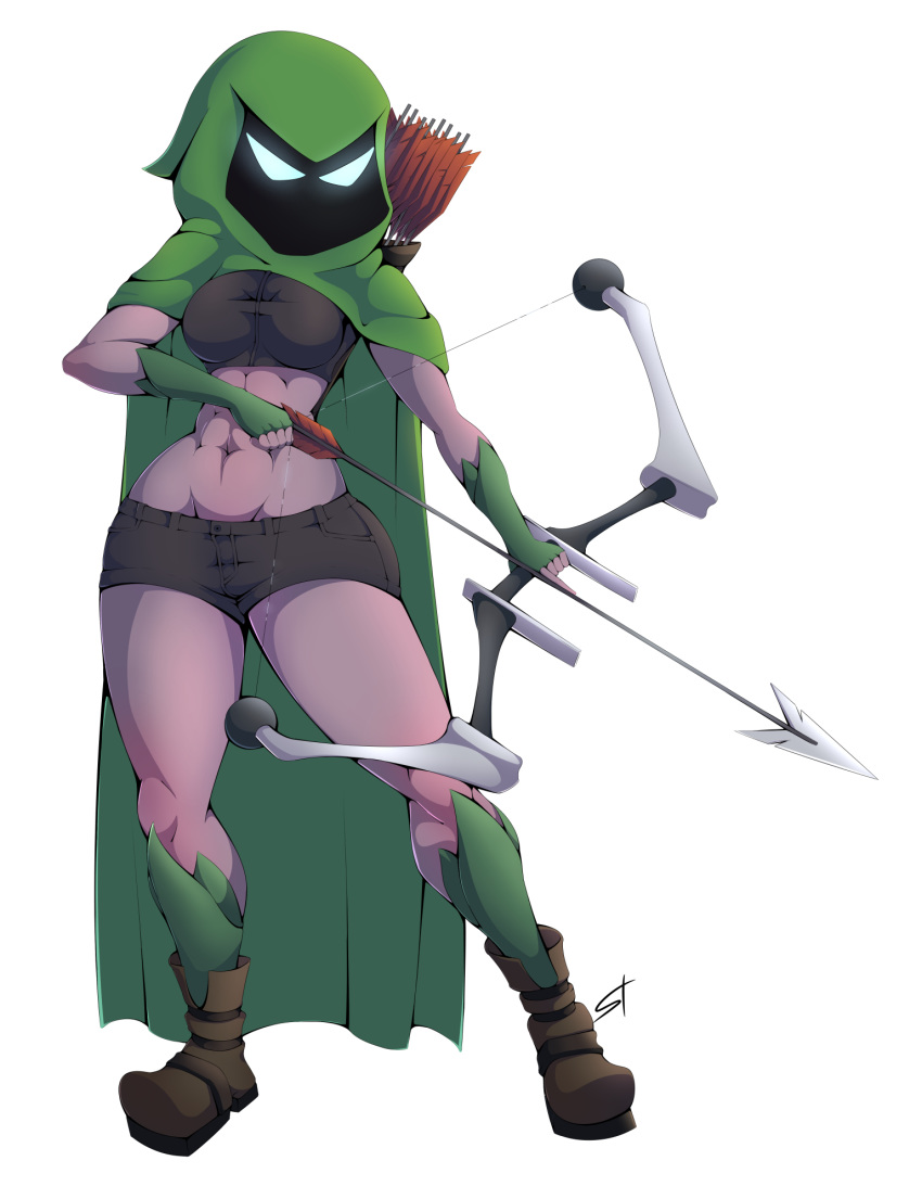 2019 abs alien arrow boots bow breasts cloak clothed clothing digital_media_(artwork) female flora_fauna floran footwear hi_res holding_object holding_weapon hood humanoid not_furry plant ranged_weapon solo standing standing_tough starbound thick_thighs video_games weapon wide_hips