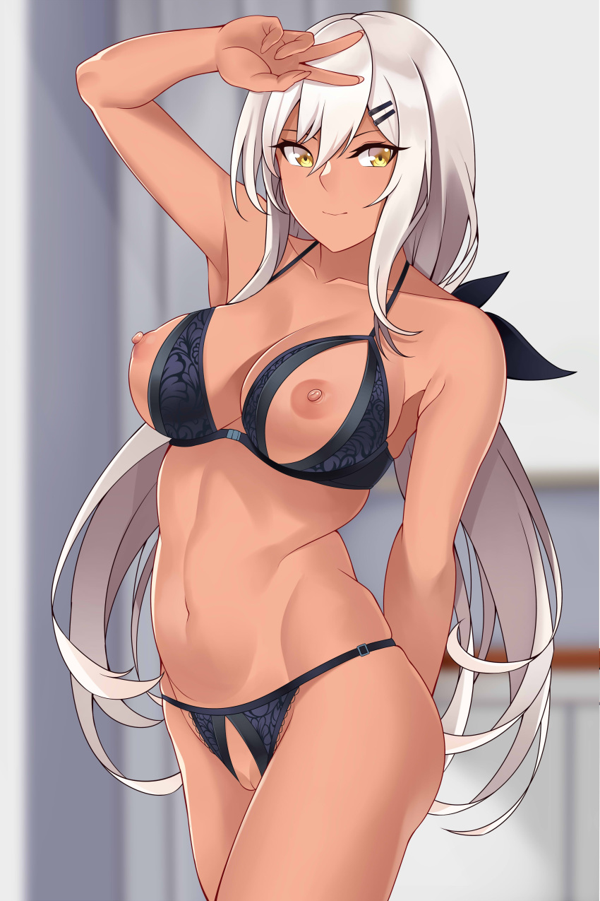 1girl absurdres arm_up aslindsamure bangs black_bra black_panties black_ribbon bra breasts closed_mouth collarbone cowboy_shot crotchless_panties dark_skin girls_frontline hair_between_eyes hair_ornament hair_ribbon hairclip hand_gesture highres hip_focus large_breasts lingerie long_hair looking_at_viewer low_twintails mossberg_m590_(girls_frontline) navel nippleless_clothes nipples paid_reward panties patreon_reward ribbon sidelocks smile solo thighs twintails underwear underwear_only v white_hair yellow_eyes