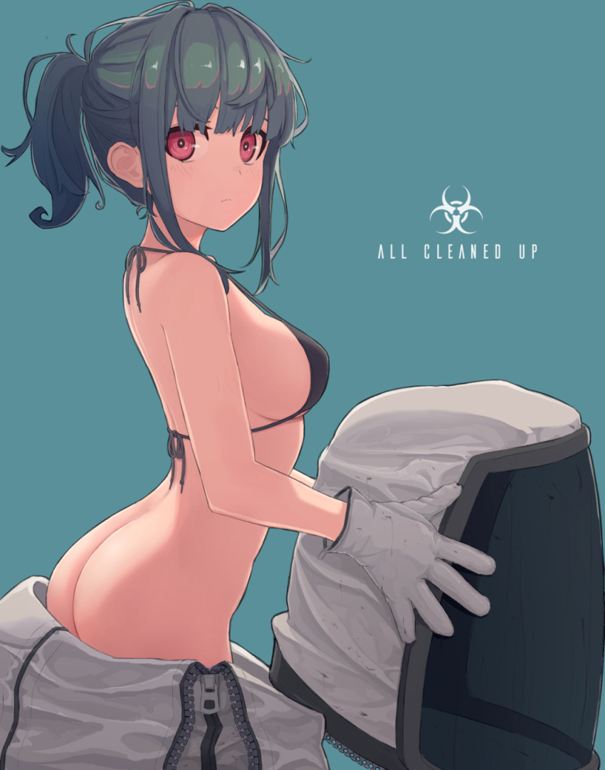 1girl ass bangs bare_arms bare_shoulders biohazard_symbol black_bikini_top black_hair blue_background breasts butt_crack commentary english_commentary english_text gloves halterneck hazmat_suit helmet highres holding holding_helmet looking_at_viewer medium_breasts no_panties original red_eyes short_hair short_ponytail sidelocks simple_background solo strap_gap unzipped white_gloves wozora zipper