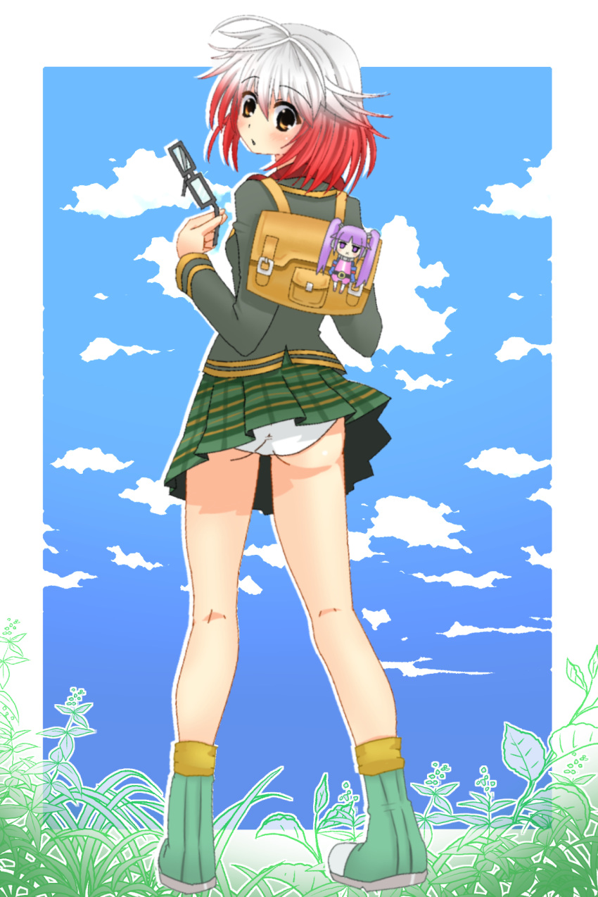 1girl ahoge alternate_costume antenna_hair artist_request ass backpack bag blazer boots cloud full_body glasses highres jacket looking_at_viewer multicolored_hair open_mouth panties pantyshot parted_lips pascal pascal_(tales) plaid plaid_skirt red_hair school_uniform short_hair skirt sophie_(tales) tales_of_(series) tales_of_graces two-tone_hair underwear white_hair white_panties yellow_eyes