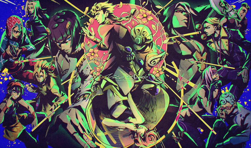 1girl 6+boys ankai_(rappelzankai) bandanna black_eyes black_hair black_sclera blonde_hair blue_eyes blue_hair braid bruno_buccellati copyright_name curly_hair flower formaggio ghiaccio giorno_giovanna glasses gold_experience green_eyes green_hair grey_hair guido_mista gun handgun hat helmet illuso jojo_no_kimyou_na_bouken leone_abbacchio long_hair looking_at_viewer melone multiple_boys narancia_ghirga pannacotta_fugo pesci pink_hair prosciutto purple_eyes red-framed_eyewear red_eyes risotto_nero serious short_hair stand_(jojo) trish_una vento_aureo weapon white_hair