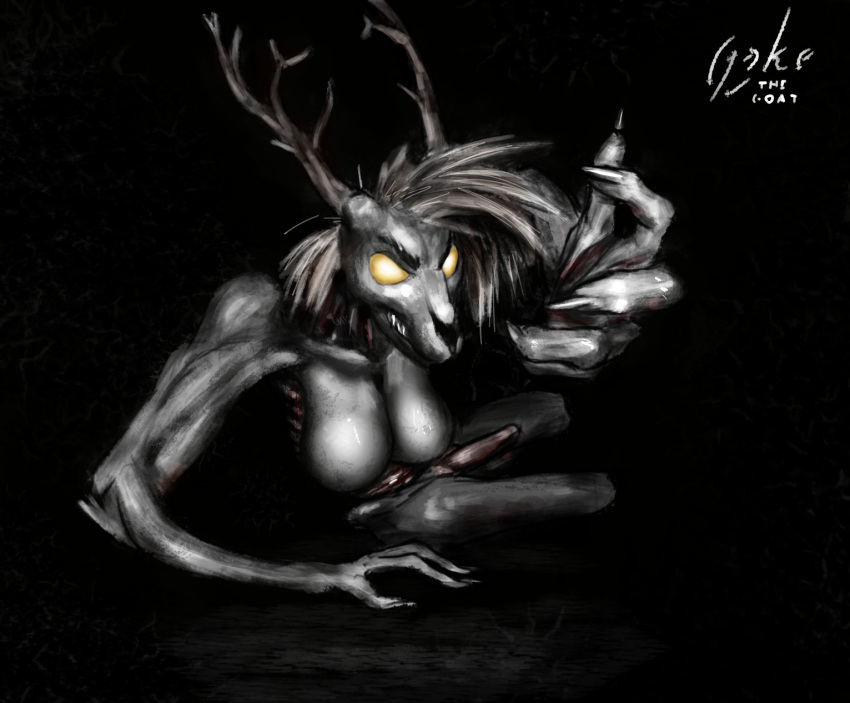 2019 anthro antlers big_breasts breasts digital_media_(artwork) glowing glowing_eyes hair hi_res horn intersex jakethegoat looking_at_viewer monster nude penis simple_background skull skye_(jakethegoat) solo teeth wendigo