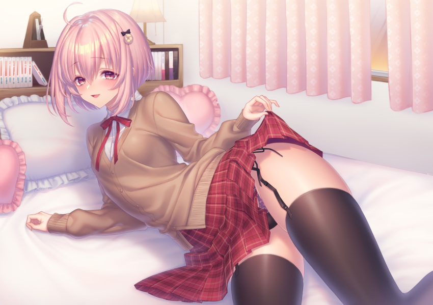 1girl black_legwear blush book brown_sweater garter_straps indoors long_sleeves lying metronome on_bed on_side red_skirt sakura_shiho short_hair skirt solo sweater thighhighs