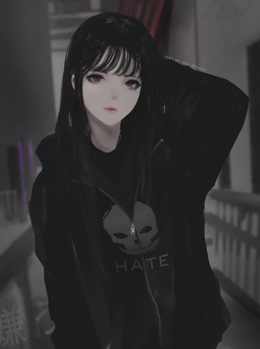 1girl aoi_ogata arm_up artist_name bangs black_hair black_jacket blurry blurry_background clothes_writing eyelashes grey_background hand_behind_head highres jacket long_hair looking_at_viewer original pale_skin partially_unzipped purple_eyes red_curtains red_lips skull_print solo upper_body