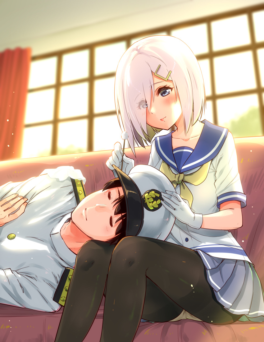 1boy 1girl absurdres admiral_(kantai_collection) black_legwear blouse blue_eyes blue_skirt breasts commentary_request ear_cleaning eyes_closed eyes_visible_through_hair gloves hair_ornament hair_over_one_eye hairclip hamakaze_(kantai_collection) hand_on_another's_head hat highres indoors kantai_collection lap_pillow long_sleeves medium_breasts military military_uniform mimikaki naval_uniform neckerchief panties panties_under_pantyhose pantyhose pantyshot pantyshot_(sitting) peaked_cap pleated_skirt sarfata school_uniform serafuku short_hair short_sleeves sitting skirt underwear uniform white_blouse white_gloves white_hair white_panties window yellow_neckwear