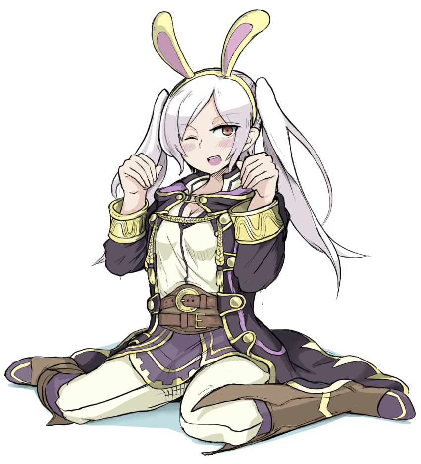 1girl animal_ears belt breasts brown_eyes bunny_ears cleavage fake_animal_ears female_my_unit_(fire_emblem:_kakusei) fire_emblem fire_emblem:_kakusei highres long_hair long_sleeves my_unit_(fire_emblem:_kakusei) nintendo one_eye_closed open_mouth simple_background sitting solo twintails user_csvj8884 white_background white_hair