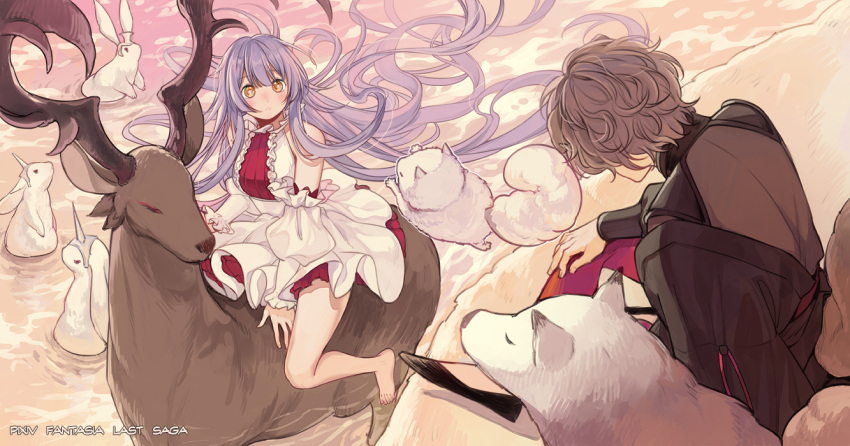 animal armor barefoot dog dress gray_hair long_hair male mia0309 orange_eyes original pixiv_fantasia purple_hair rabbit short_hair water