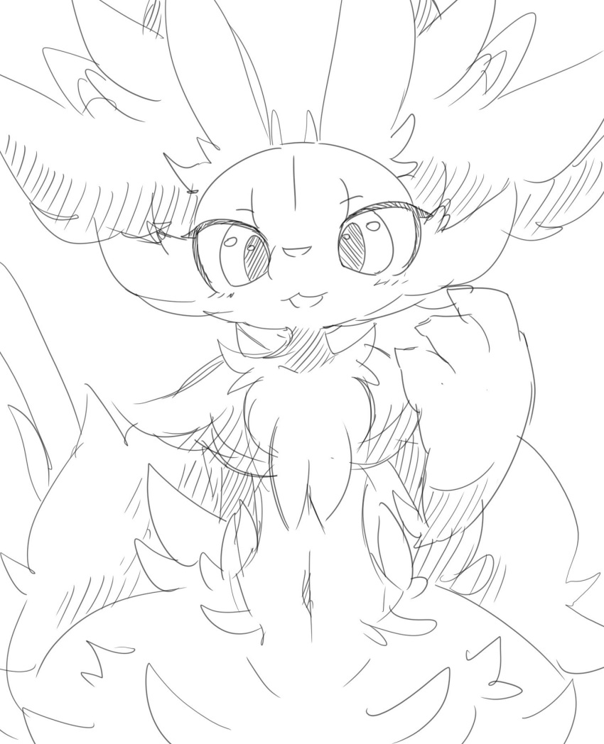 anthro blush braixen chest_tuft dipstick_tail female fluffy fluffy_tail graphite_(artwork) happy inner_ear_fluff looking_at_viewer multicolored_tail navel nintendo nyaswitchnya pencil_(artwork) pok&eacute;mon pok&eacute;mon_(species) solo traditional_media_(artwork) tuft video_games