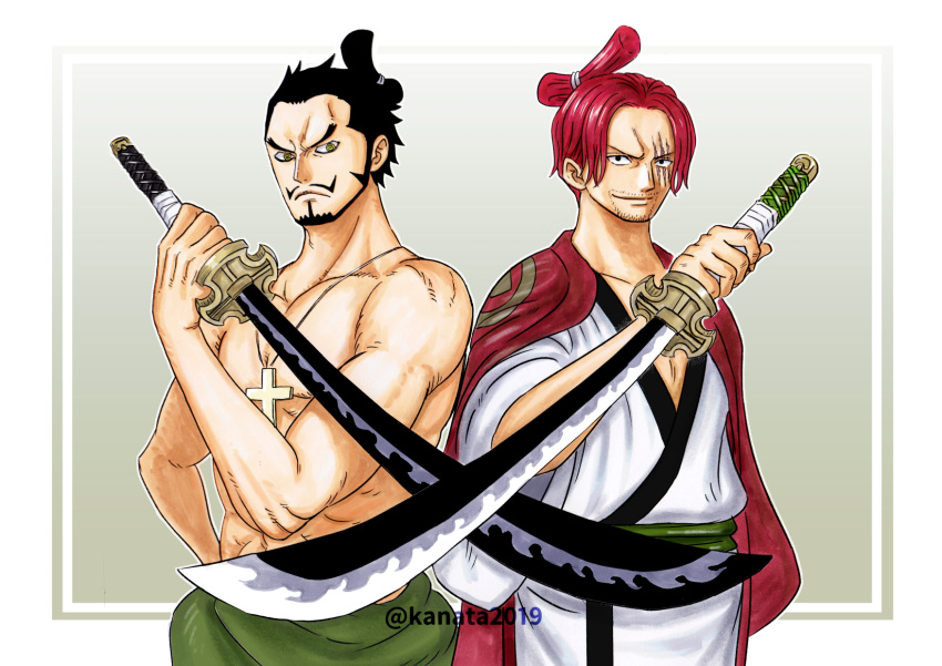 2boys black_hair dracule_mihawk highres multiple_boys one_piece red_hair shanks smile sword weapon