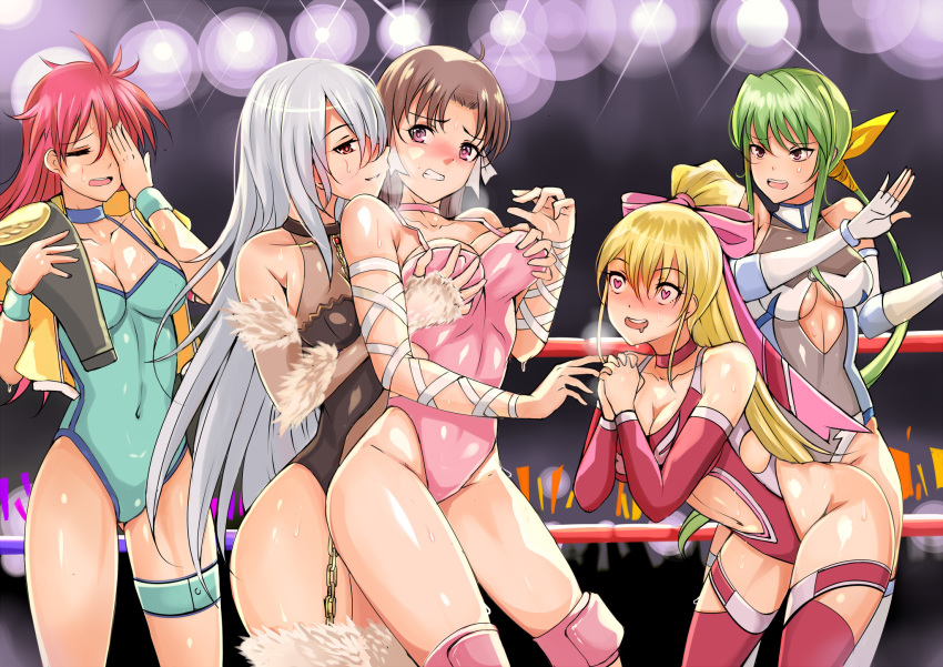 5girls ahoge anny_beach blonde_hair blush boots breast_grab breasts brown_hair chains cleavage clenched_teeth detached_sleeves drooling embarrassed eyes_closed facepalm fingerless_gloves freia_kagami gloves grabbing green_hair hair_ribbon heart heart-shaped_pupils highres jacket knee_pads large_breasts leaning_forward legband leotard lighting long_hair mighty_yukiko multiple_girls nonoririn open_mouth ozawa_kayo pink_hair ponytail purple_eyes red_eyes ribbon sakurai_chisato silver_hair standing surprised sweat symbol-shaped_pupils teeth thigh_boots thighhighs wrestle_angels wrestle_angels_survivor wrestle_angels_survivor_2 wrestling_outfit wrestling_ring wristband yuri