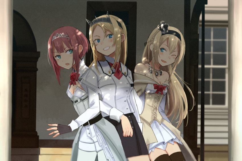 3girls annin_musou ark_royal_(kantai_collection) arms_behind_back bangs blonde_hair blue_eyes bow cleavage_cutout commentary_request corset cropped_jacket crown dress fingerless_gloves flower gloves grin hair_between_eyes hair_bow hairband jacket jewelry kantai_collection long_hair long_sleeves mini_crown multiple_girls necklace nelson_(kantai_collection) off-shoulder_dress off_shoulder one_eye_closed open_mouth pantyhose parted_bangs red_hair rose shadow short_hair shorts sidelocks skirt smile standing thighhighs tiara upper_body wall warspite_(kantai_collection) window
