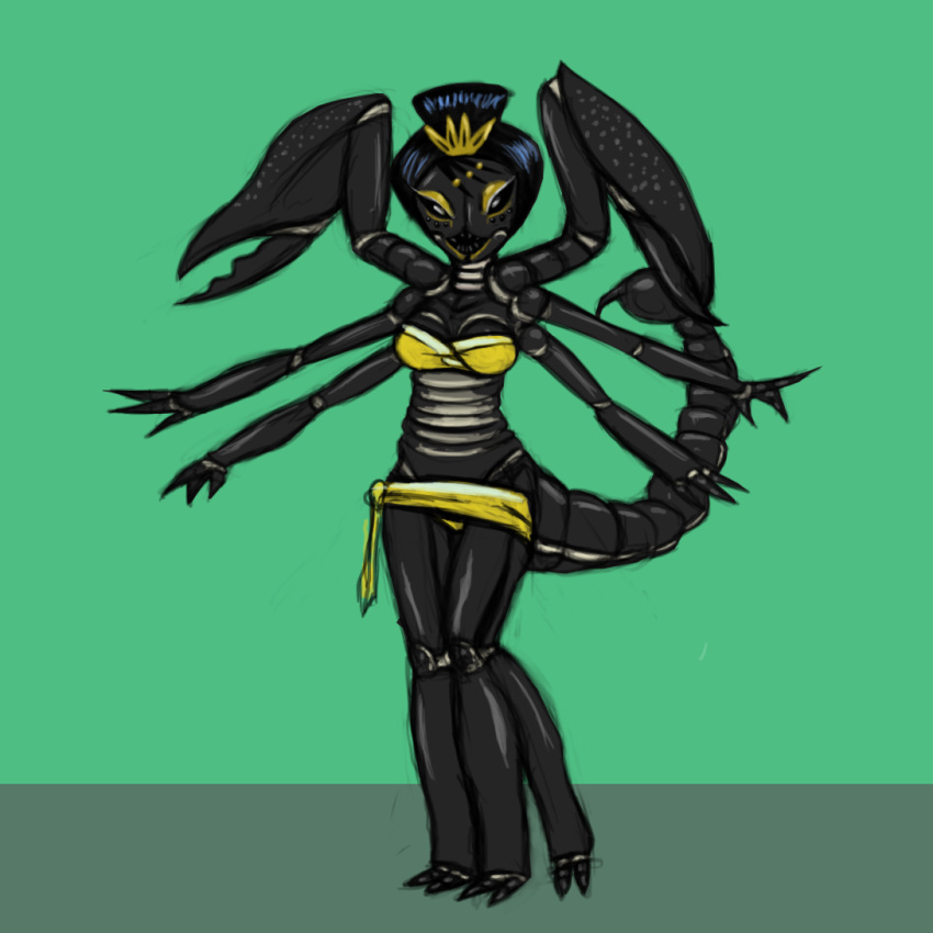 2016 2_toes 3_fingers 4_legs 6_arms abdomen anthro arachnid arthropod barefoot biped black_abdomen black_exoskeleton black_eyes black_hair bra breasts claws clothed clothing colored_sketch crown digital_drawing_(artwork) digital_media_(artwork) emperor emperor_scorpion exoskeleton eyelashes eyeshadow female front_view full-length_portrait green_background hair hair_accessory hair_bun lipstick lonelyworld long_abdomen makeup mandibles medium_breasts midriff multi_eye multicolored_exoskeleton non-mammal_breasts open_mouth open_smile panties pincers portrait pseudo_pupils royalty scorpion scorpion_tail scorpionid sharp_teeth short_hair simple_background skimpy smile solo spread_arms standing stinger teeth toes two_tone_abdomen two_tone_exoskeleton underwear white_abdomen white_exoskeleton yellow_bottomwear yellow_clothing yellow_eyeshadow yellow_lipstick yellow_topwear