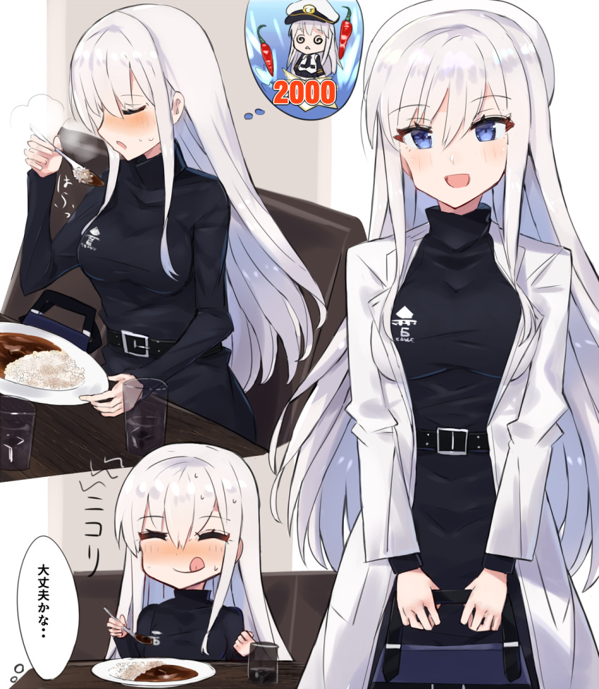 1girl :d :q @_@ ^_^ alternate_costume azur_lane bag bangs belt black_dress blue_eyes blush breasts chair chibi chili_pepper closed_eyes coat commentary_request cup curry dress drinking_glass eating enterprise_(azur_lane) eyes_closed food hair_between_eyes hat highres holding holding_bag holding_spoon ice ice_cube indoors large_breasts long_hair long_sleeves looking_at_viewer military military_uniform miniskirt multiple_views necktie nose_blush open_clothes open_coat open_mouth peaked_cap plate rice shirt sidelocks sitting skirt smile spoon standing steam sweat table taut_clothes taut_dress thought_bubble tongue tongue_out translation_request turtleneck turtleneck_dress uniform white_coat white_hair white_hat white_shirt wing_collar xenonstriker